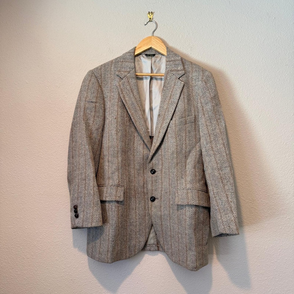 Harris Tweed Mens Herringbone Wool Blazer Sport Coat Gray Brown Handwoven USA